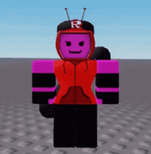 a roblox character with a purple face and a red hoodie is standing on a brick floor .