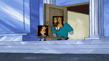 a cartoon of a man in a blue suit standing in front of a door
