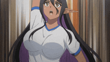 a girl with long black hair is wearing a white shirt with a blue stripe
