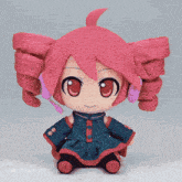 a stuffed doll with pink hair and purple headphones is sitting on a white surface