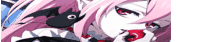 a girl with pink hair and red eyes is holding a red apple