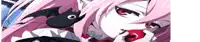 a girl with pink hair and red eyes is holding a red apple
