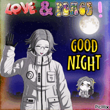 a picture of a girl waving with the words love & peace behind her