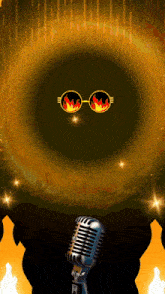 a microphone with a pair of flaming glasses on the front