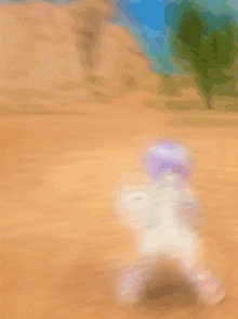 a blurred image of a girl with purple hair riding a white horse