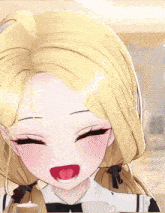a close up of a blonde anime girl with her eyes closed and her tongue out