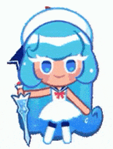 a cookie run character with blue hair and a sailor hat holding a sword .