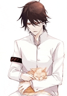 Ulquiorra Petting An Orange Cat With A Calm Expression GIF