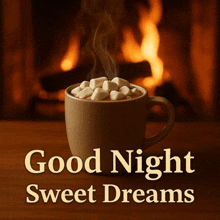 a cup of hot chocolate with marshmallows in front of a fireplace with the words good night sweet dreams below it