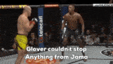 two men are fighting in a boxing ring with the words glover couldn 't stop anything from jama on the bottom