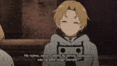 a man in a hoodie is smiling with a foreign language subtitle