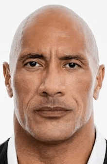 a close up of a man 's face with a bald head and a beard .