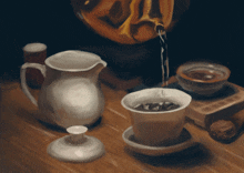 a painting of tea being poured into a cup on a table