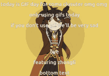 a cartoon of zhongli with the words today is gif day for coma clusuter omg omg only using gifs today