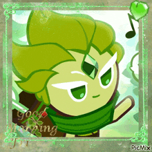 a picture of a green cartoon character with the words good morning on it