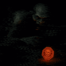 a drawing of a monster holding a red circle with a skull on it