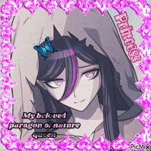 a picture of a girl with the words " my beloved paragon of nature queen " on it