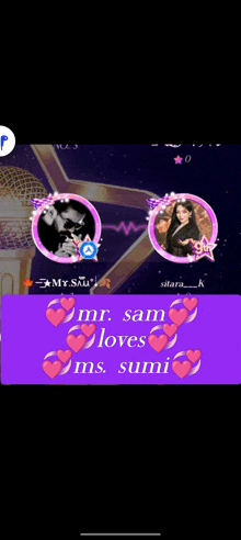 mr. sam loves ms. sumi on a purple banner