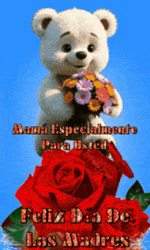 a teddy bear is holding a bouquet of flowers in front of red roses