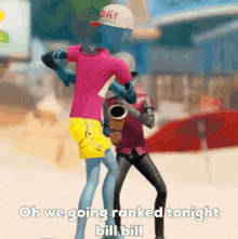 a couple of cartoon characters are standing next to each other on a beach and one of them is holding a trumpet .