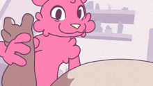 a cartoon drawing of a pink animal holding a piece of pizza