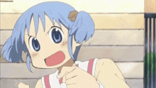 a cartoon girl with blue hair is making a funny face with her mouth open