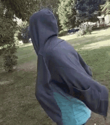 a person wearing a hoodie and a blue shirt is walking in a park