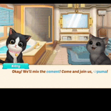 a black and white cat named kitty is talking to a gray cat in a bathroom
