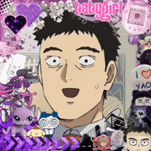 a picture of a man surrounded by stuffed animals and the word babygirl