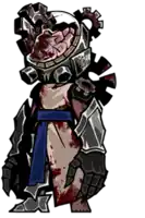 a cartoon drawing of a monster with a blue sash around his neck