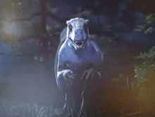 a painting of a dinosaur standing in the grass with trees in the background
