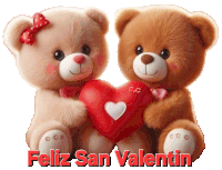 a couple of teddy bears holding a red heart with the words feliz san valentin below them
