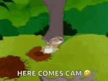 a cartoon of a rabbit standing next to a tree with the words here comes cam above it