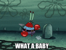 a cartoon of a crab holding a shovel and the words what a baby