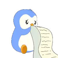 a blue and white penguin is holding a piece of paper in its mouth