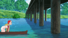 a person in a boat under a bridge in a cartoon