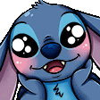 a close up of a cartoon stitch with big eyes and a pink cheek .
