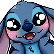 a close up of a cartoon stitch with big eyes and a pink cheek .