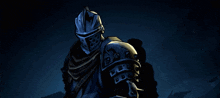 a knight with a helmet and armor is standing in a dark room