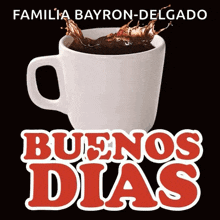a cup of coffee with the words " buenos dias " below it