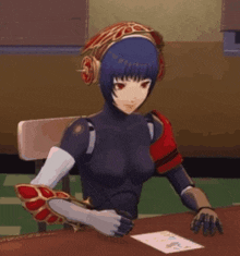 a cartoon character is sitting at a table with a piece of paper .