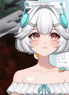 a girl with white hair and headphones has a heart in her chest