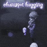 a cartoon character is hugging another cartoon character with the words chunispot hugging behind him