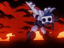 a cartoon robot is holding a gun in front of a red background .