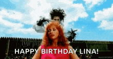 a man is cutting a woman 's hair with scissors and says `` happy birthday lina ! ''