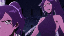 a girl with purple hair and purple gloves is standing on a tiled floor