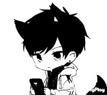 a black and white drawing of a boy with cat ears holding a phone .