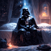 darth vader is sitting on a bed with a lantern