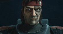 a close up of a cartoon character with a skull headband on his head .