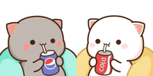 two cartoon cats are sitting next to each other drinking soda .